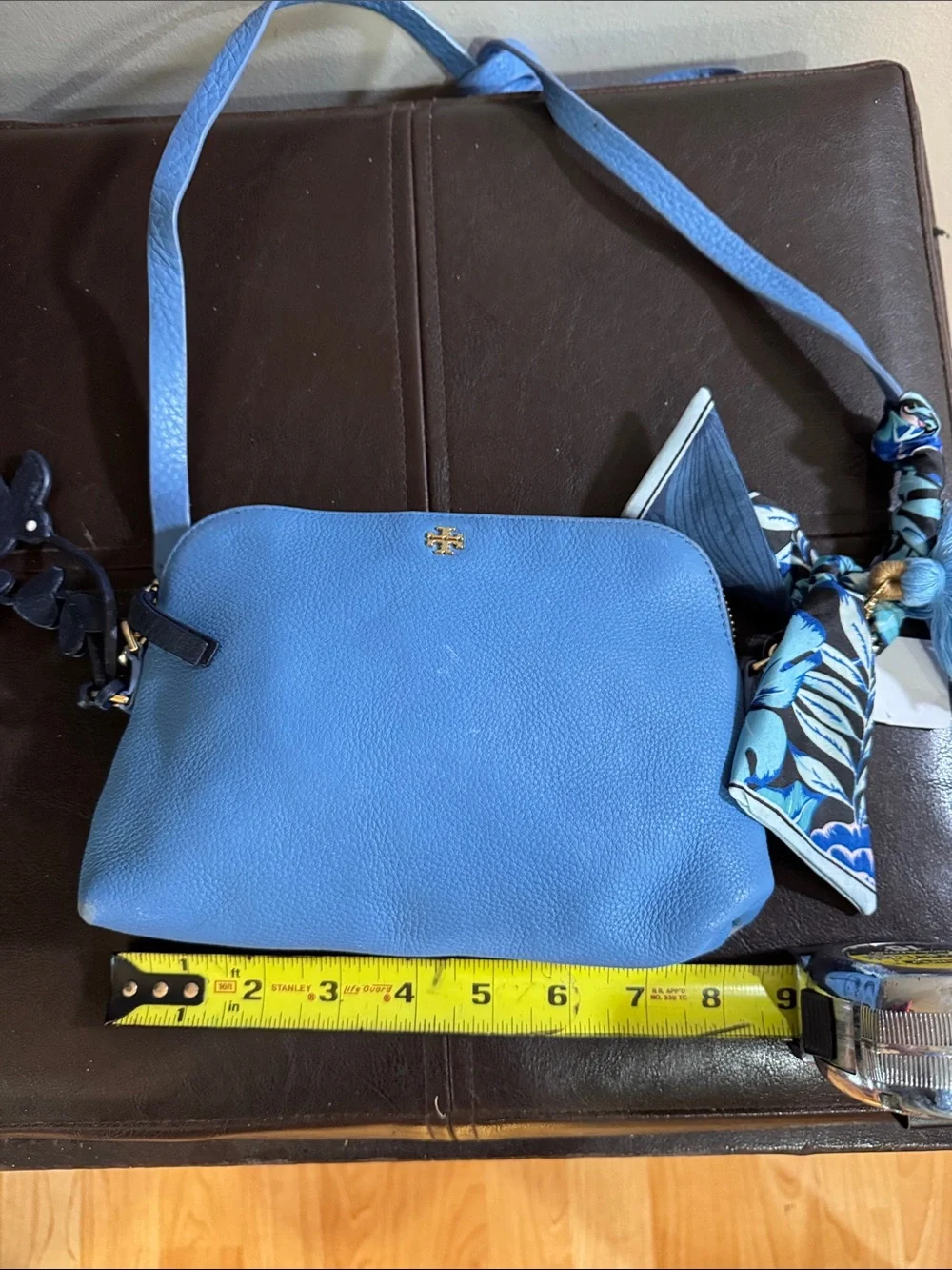 Tory Burch Blue Pebbled Leather Crossbody Bag + Twilly & Charms
